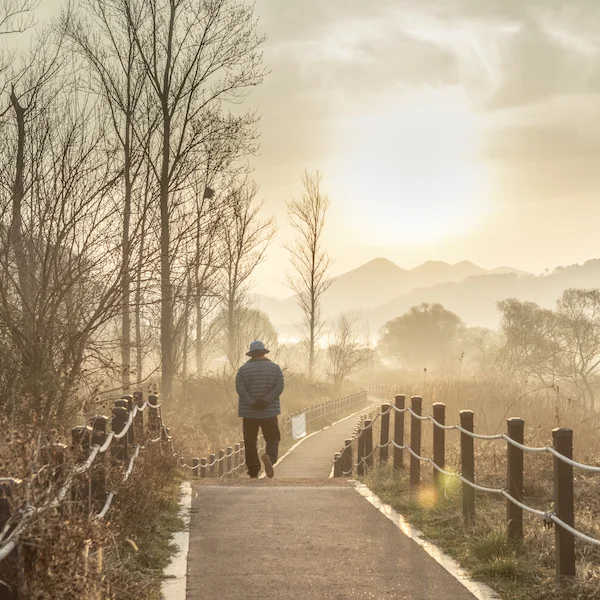 A picture capturing a man strolling along the scenic trail.